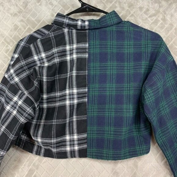 LA Hearts Womans S Crop Top Button Up Shirt Two Tone Plaid Long Sleeve Collared - Picture 15 of 16